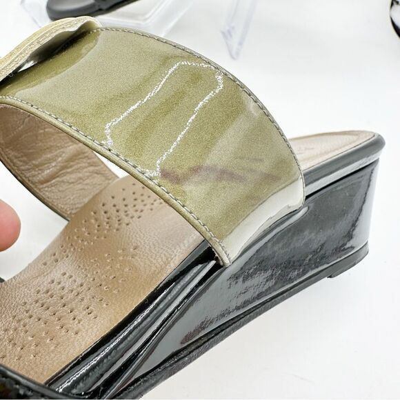 Anyi Lu Lucy Slip On Wedge Patent Leather Sandals Color Block Green/Black/Tan 11 - Picture 9 of 13